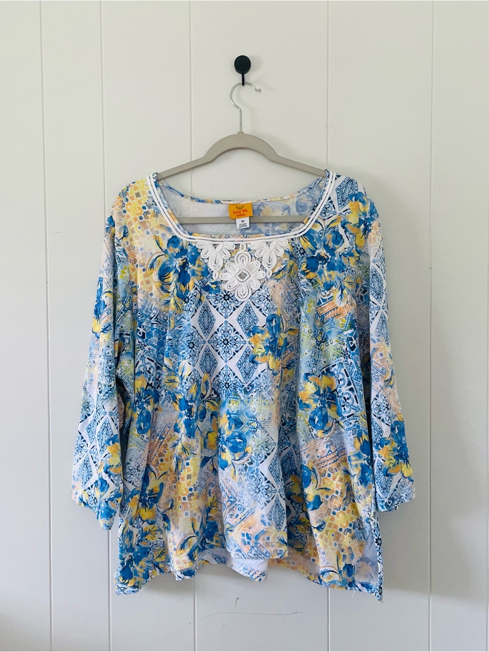 Ruby Rd. Blue & Yellow Floral Lace-Trim Blouse